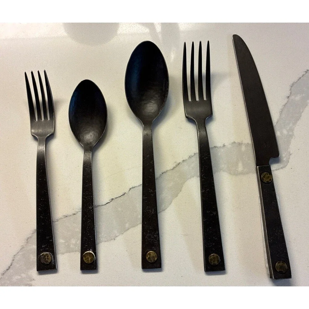 Restoration Hardware Hammered Steel Rivet Flatware Cutlery Set Blackened 5 pc